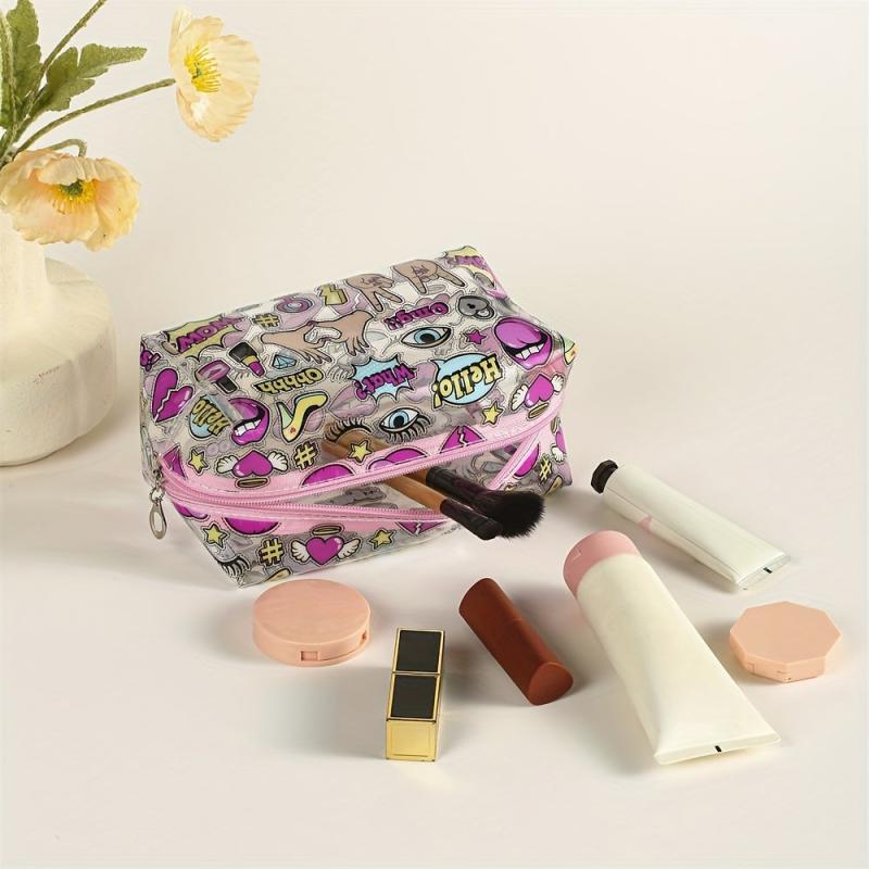 Eyes Letters Cosmetics Pattern Square Makeup Bag PVC Waterproof Zipper Roomy