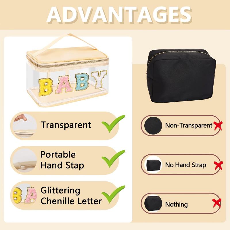Chenille Letter Clear Makeup Bag Zipper Waterproof Cosmetic Handbag