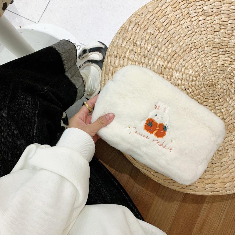 Embroidered Rabbit Cosmetic Bag Soft Plush Travel Makeup Pouch