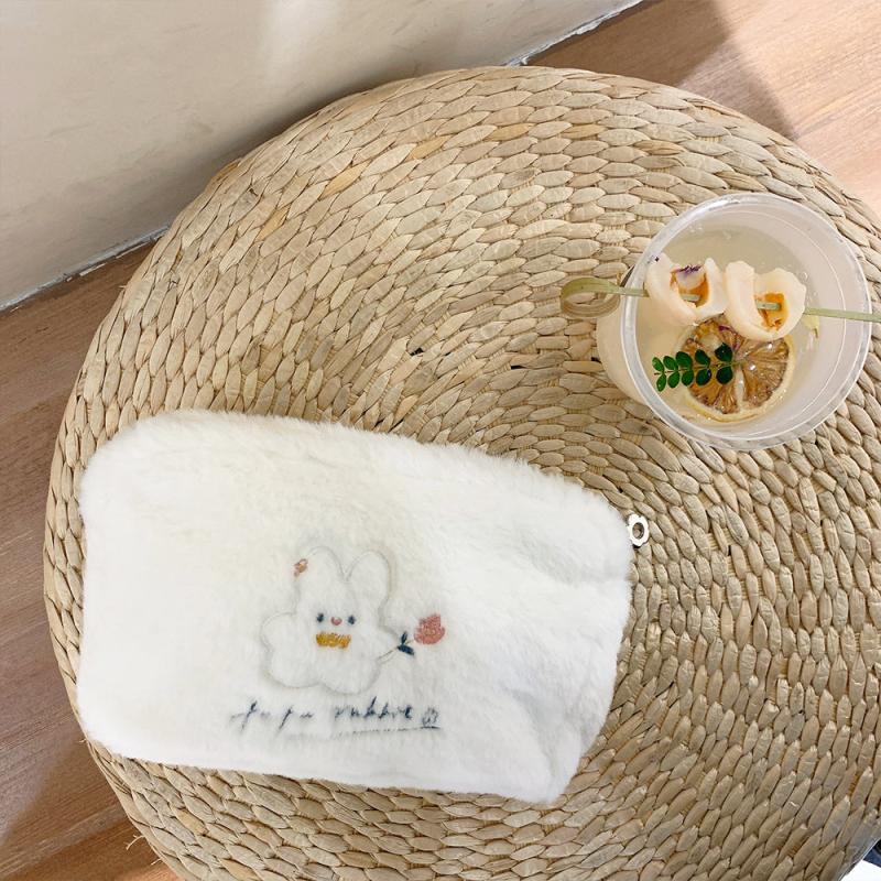 Embroidered Rabbit Cosmetic Bag Soft Plush Travel Makeup Pouch