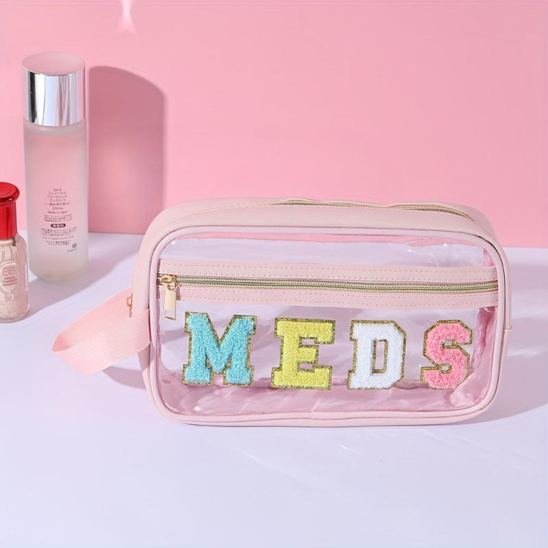 4pcs Chenille Letter Clear Makeup Bags Preppy Patch Makeup Pouch With Zipper