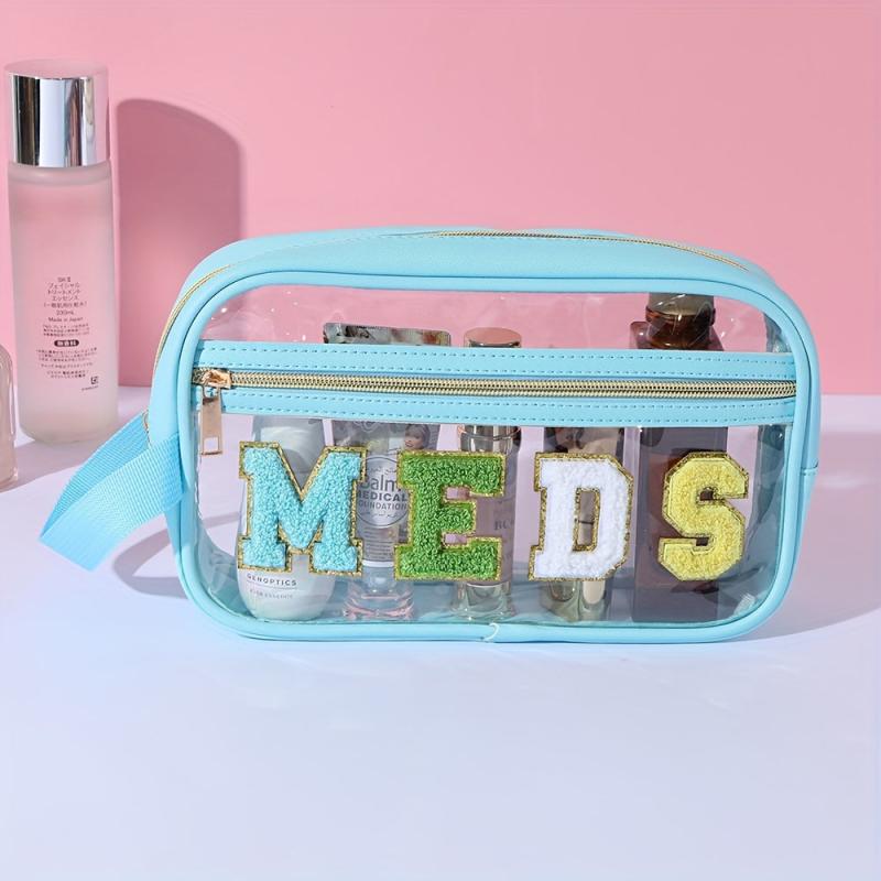 4pcs Chenille Letter Clear Makeup Bags Preppy Patch Makeup Pouch With Zipper