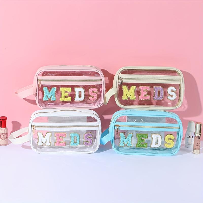 4pcs Chenille Letter Clear Makeup Bags Preppy Patch Makeup Pouch With Zipper