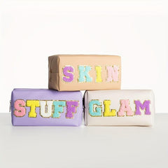 Cosmetic Bag Makeup Bag For Women With Chenille Letter Patches Beige SKIN