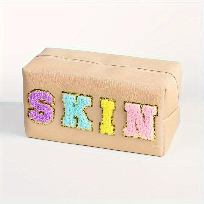 Cosmetic Bag Makeup Bag For Women With Chenille Letter Patches Beige SKIN