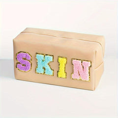 Cosmetic Bag Makeup Bag For Women With Chenille Letter Patches Beige SKIN