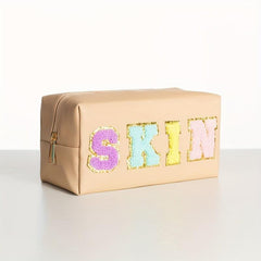 Cosmetic Bag Makeup Bag For Women With Chenille Letter Patches Beige SKIN