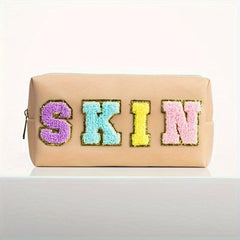 Cosmetic Bag Makeup Bag For Women With Chenille Letter Patches Beige SKIN
