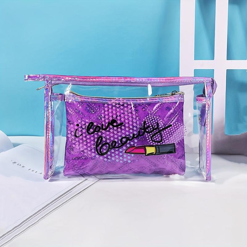 2pcs PVC Clear Waterproof Storage Bag & PU Cosmetic Bag Set Travel Organizer