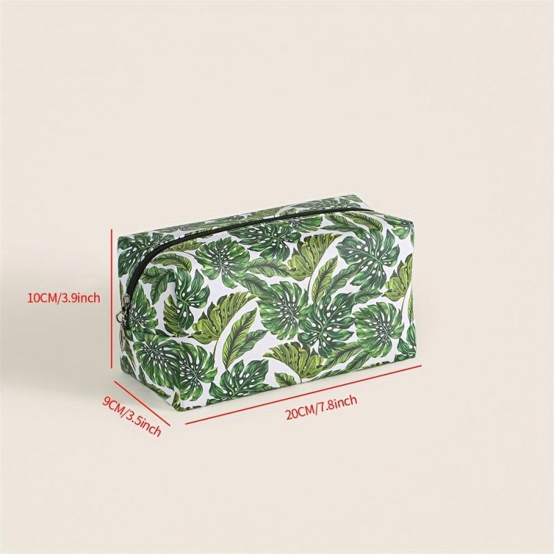 Banana Leaf Pattern Makeup Bag Square PU Makeup Pouch Zipper Travel Organizer