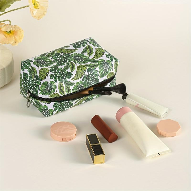 Banana Leaf Pattern Makeup Bag Square PU Makeup Pouch Zipper Travel Organizer