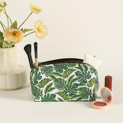 Banana Leaf Pattern Makeup Bag Square PU Makeup Pouch Zipper Travel Organizer