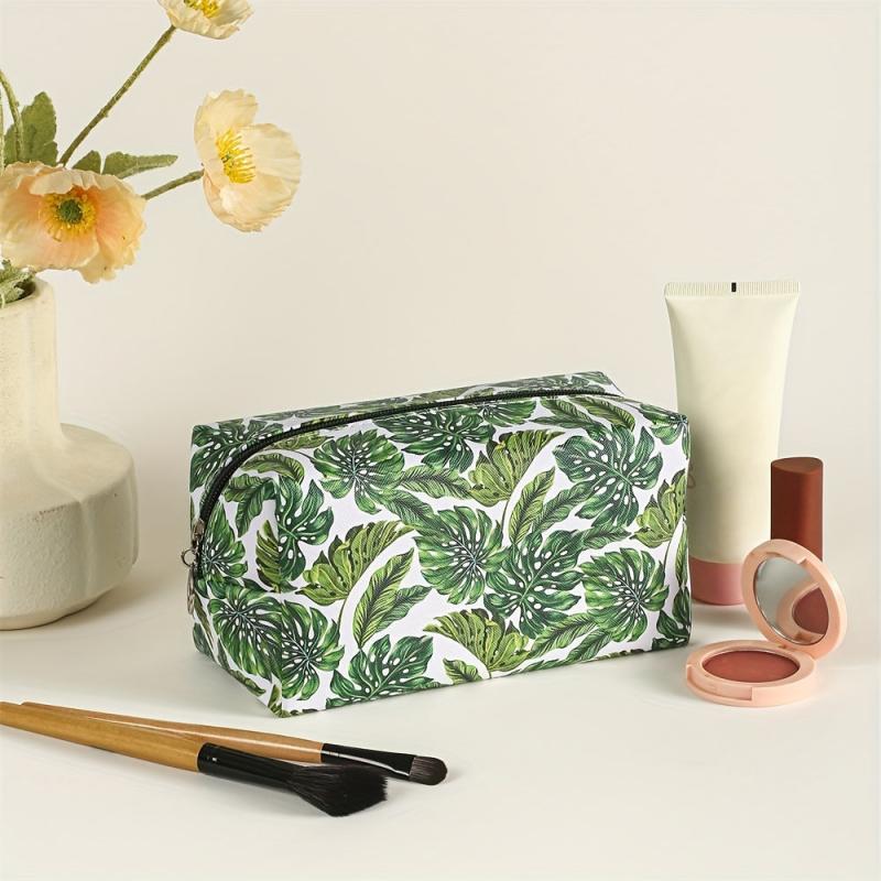 Banana Leaf Pattern Makeup Bag Square PU Makeup Pouch Zipper Travel Organizer