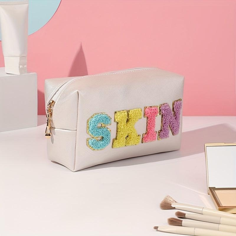 Preppy Makeup Bag PU Leather Cosmetic Bag Organizer Zipper Travel Toiletry Bag