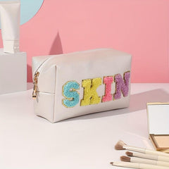 Preppy Makeup Bag PU Leather Cosmetic Bag Organizer Zipper Travel Toiletry Bag