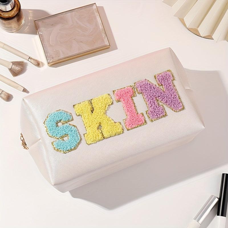 Preppy Makeup Bag PU Leather Cosmetic Bag Organizer Zipper Travel Toiletry Bag