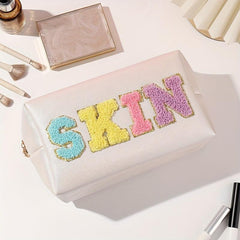 Preppy Makeup Bag PU Leather Cosmetic Bag Organizer Zipper Travel Toiletry Bag
