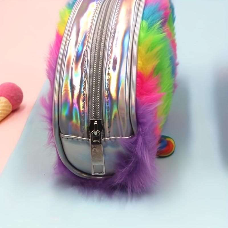 Fuzzy Makeup Bag Rainbow Zipper Makeup Brush Holder Coin Purse Travel Organizer