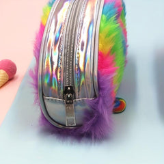 Fuzzy Makeup Bag Rainbow Zipper Makeup Brush Holder Coin Purse Travel Organizer