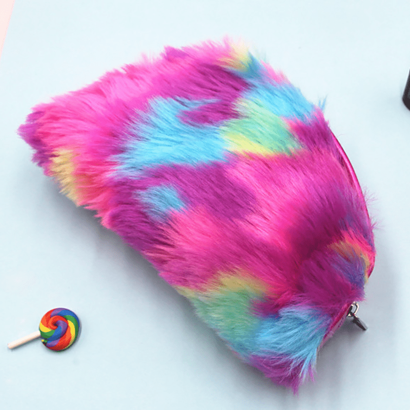 Fuzzy Makeup Bag Rainbow Zipper Makeup Brush Holder Coin Purse Travel Organizer