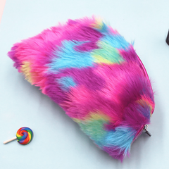 Fuzzy Makeup Bag Rainbow Zipper Makeup Brush Holder Coin Purse Travel Organizer