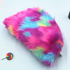 Fuzzy Makeup Bag Rainbow Zipper Makeup Brush Holder Coin Purse Travel Organizer