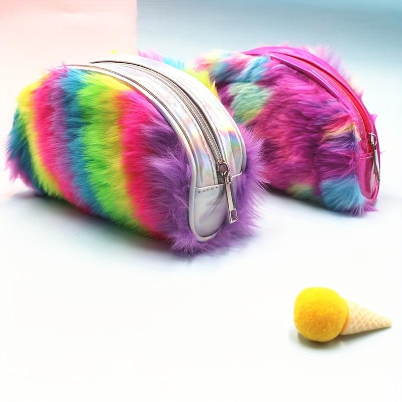 Fuzzy Makeup Bag Rainbow Zipper Makeup Brush Holder Coin Purse Travel Organizer