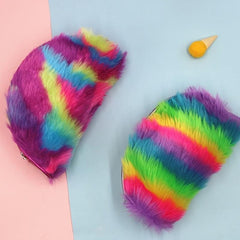 Fuzzy Makeup Bag Rainbow Zipper Makeup Brush Holder Coin Purse Travel Organizer