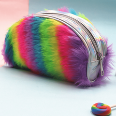 Fuzzy Makeup Bag Rainbow Zipper Makeup Brush Holder Coin Purse Travel Organizer