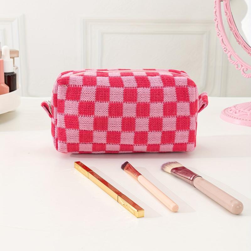 Checkered Makeup Bag Zipper Pouch Travel Toiletry Bag
