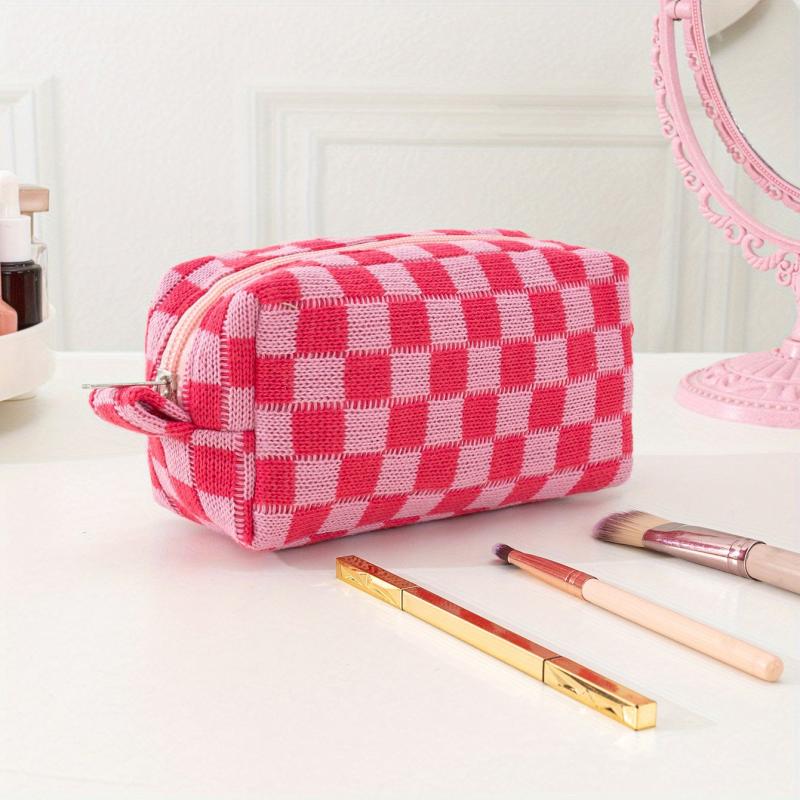 Checkered Makeup Bag Zipper Pouch Travel Toiletry Bag