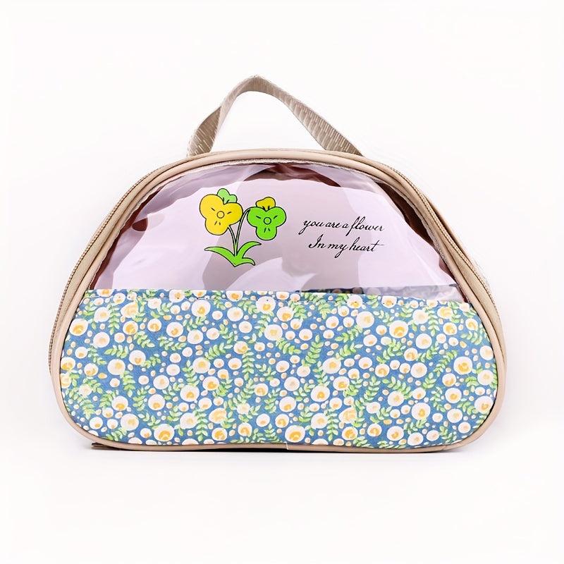 Floral Pattern Waterproof Makeup Bag with Clear Half Window