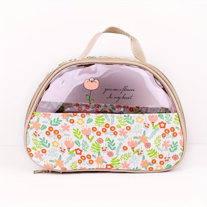 Floral Pattern Waterproof Makeup Bag with Clear Half Window