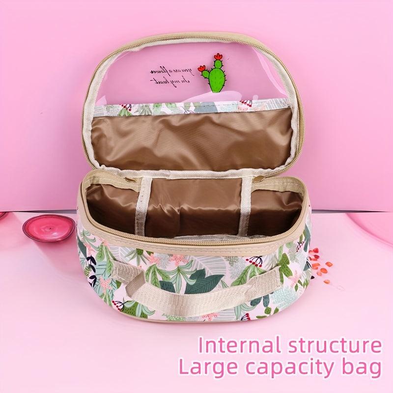 Floral Pattern Waterproof Makeup Bag with Clear Half Window