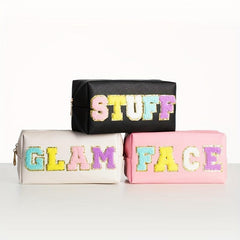 Preppy Makeup Bag Organizer Chenille Letter Patch Travel Pouch Pink