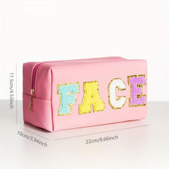 Preppy Makeup Bag Organizer Chenille Letter Patch Travel Pouch Pink