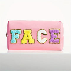 Preppy Makeup Bag Organizer Chenille Letter Patch Travel Pouch Pink