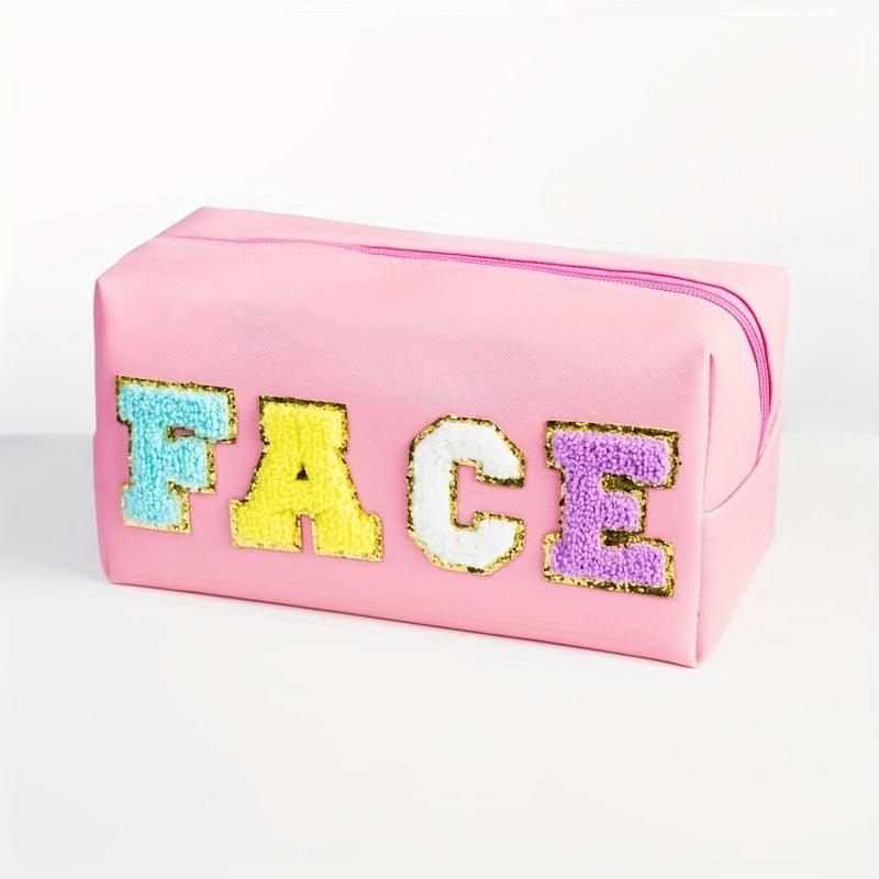 Preppy Makeup Bag Organizer Chenille Letter Patch Travel Pouch Pink