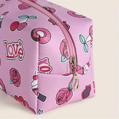 Heart Cherry Print Zipper Makeup Bag For Women Purse