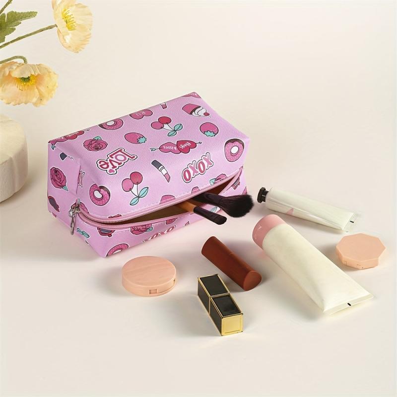 Heart Cherry Print Zipper Makeup Bag For Women Purse