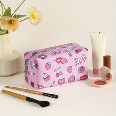 Heart Cherry Print Zipper Makeup Bag For Women Purse