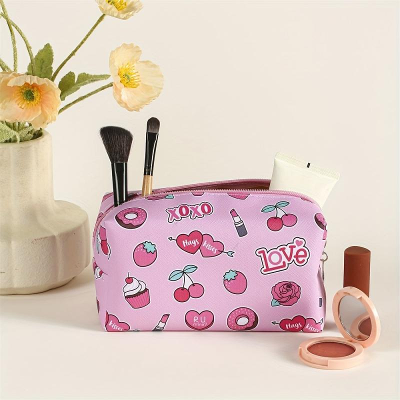 Heart Cherry Print Zipper Makeup Bag For Women Purse