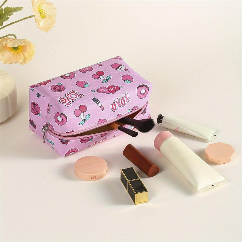 Heart Cherry Print Zipper Makeup Bag For Women Purse
