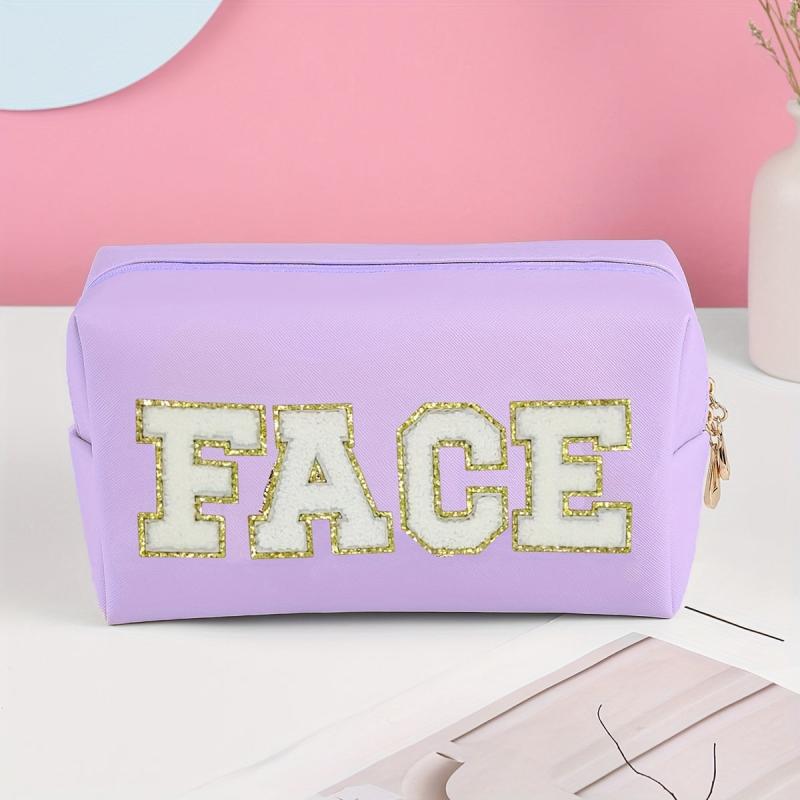 Chenille Letter Cosmetic Toiletry Bag Preppy Patch Portable Makeup Bag