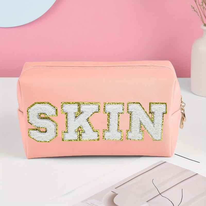 Chenille Letter Cosmetic Toiletry Bag Preppy Patch Portable Makeup Bag