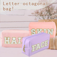 Chenille Letter Cosmetic Toiletry Bag Preppy Patch Portable Makeup Bag