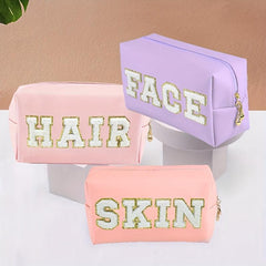 Chenille Letter Cosmetic Toiletry Bag Preppy Patch Portable Makeup Bag