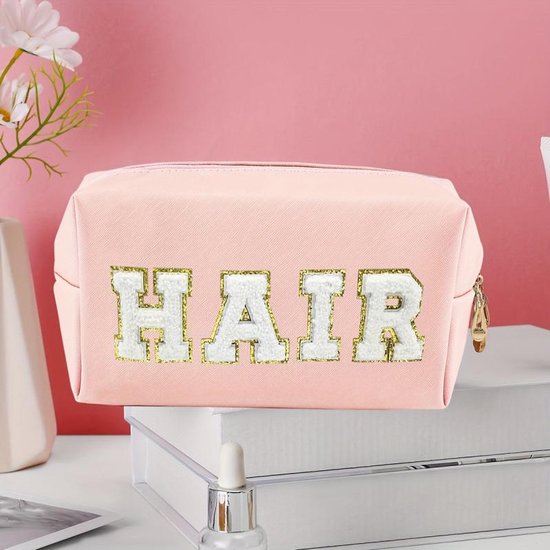 Chenille Letter Cosmetic Toiletry Bag Preppy Patch Portable Makeup Bag