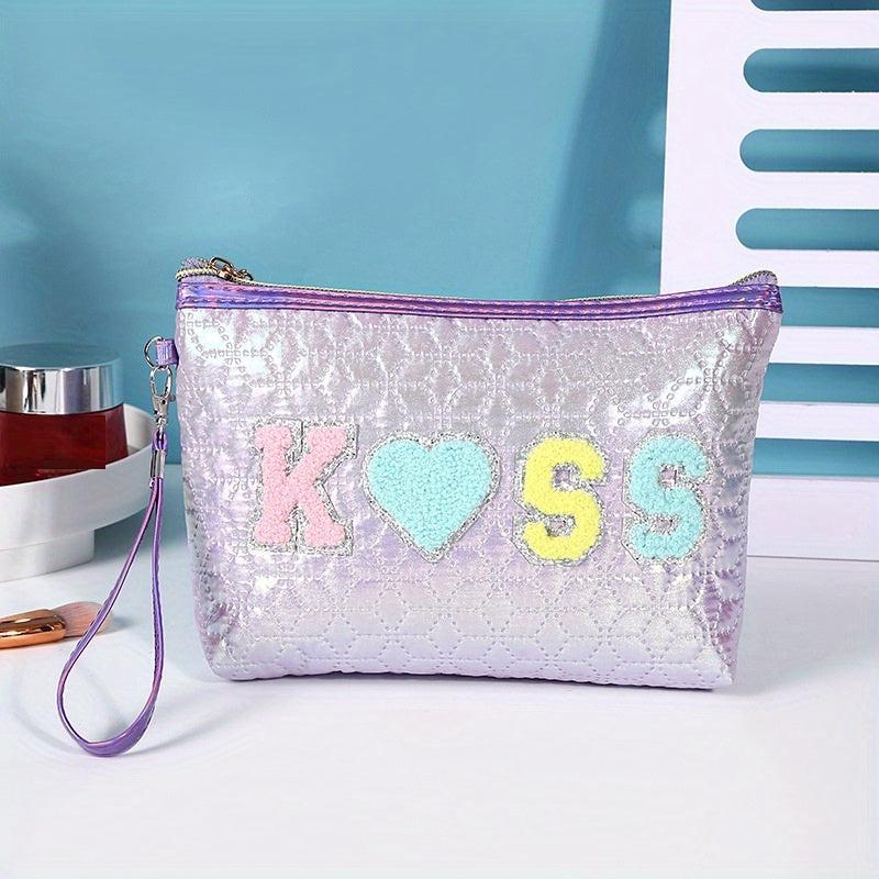 Embroidered Letter Patch Makeup Bag with Wrist Strap