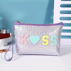 Embroidered Letter Patch Makeup Bag with Wrist Strap